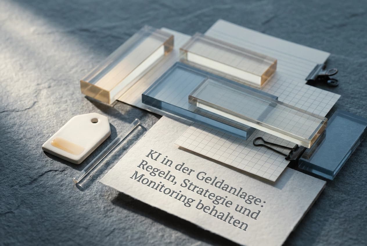 Professional header image for educational tutorial: KI in der Geldanlage: Regeln, Strategie und Monitoring be...